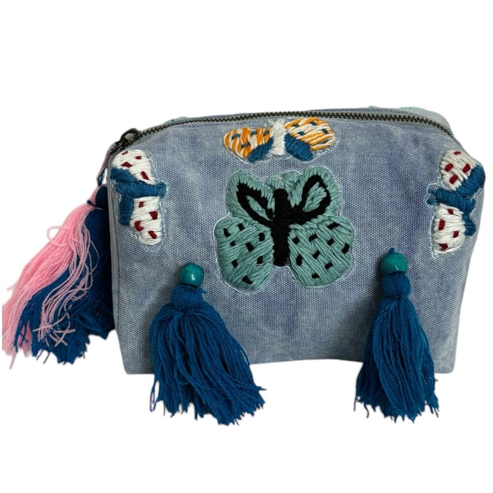Raj LA Light Denim Blue Canvas Embroidered Tasseled Butterfly Cosmetic Bag NEW